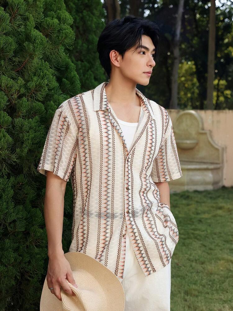 Men's Striped Short Sleeve Casual Shirt, Summer
