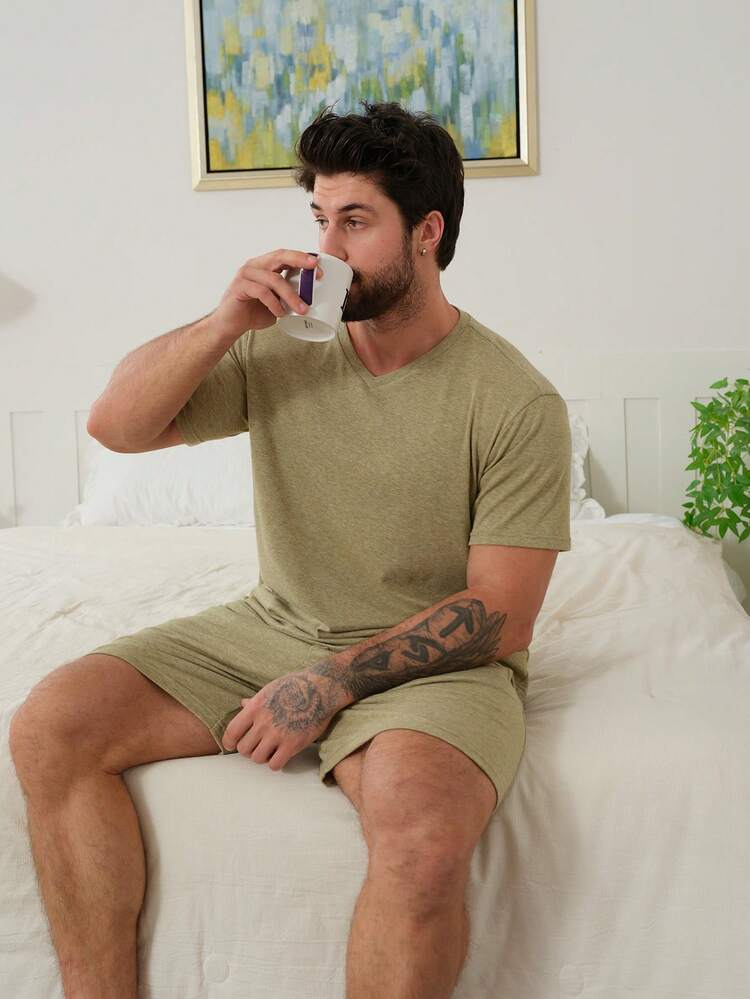 Summer Solid Green Short Sleeve & Shorts Matching Slim Fit Men Pajama Set