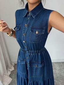 Elenzga Women's Casual Everyday Commuting Flap Pocket Elastic Waist Sleeveless Denim Jumpsuit Dress, Summer - Blue - View 6
