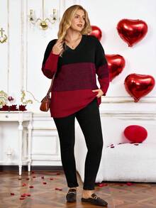 EMERY ROSE Autumn/Winter Women Plus Size Contrast Color V-Neck Drop Shoulder Casual Pullover Sweater Fall - Multicolor - View 5