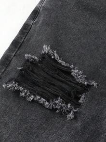 SHEIN ChillGRL 少女款破洞宽松阔腿休闲牛仔裤，复古美式风格 - 黑色 - 查看 6