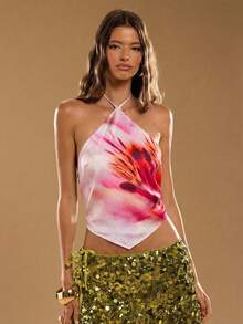 SHEIN BAE Women's Floral Print Asymmetric Hem Halter Neck Vacation Top - Baby Pink - View 6