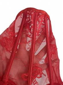 SHEIN BAE 性感蕾丝交叉抹胸露脐上衣，夏季，裹身式上衣，万圣节女装，万圣节服装 - 紅色 - 查看 7