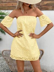 Glamine Women's Summer Solid Color Open Shoulder Dress With Hollowed-Out Embroidered Pattern Mini Short Vacation Beach Outfit - Yellow - View 5