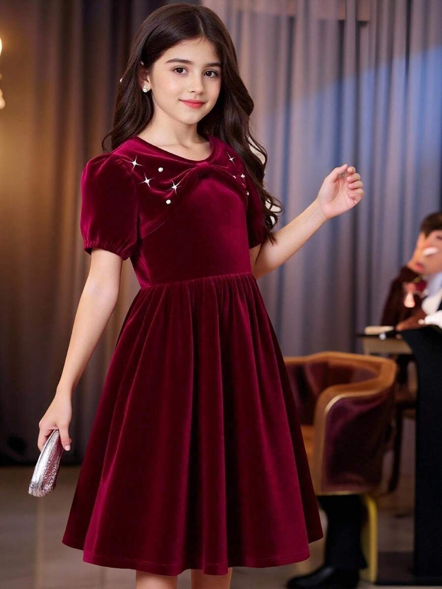 Glamorique Kids Girls' Elegant Vintage Style Dress, Burgundy Short Sleeve With Bow Tie & Pearl Decor, Round Neck, Waist Cinched, Suitable For Christmas, Halloween, Birthday, Spring/Autumn - Burgundy - View 1