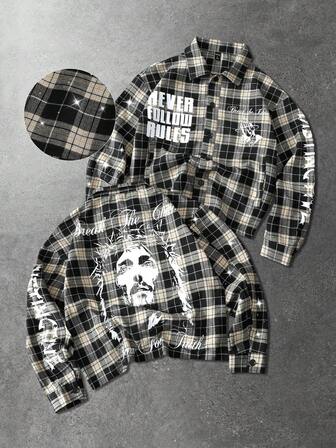 Giacca casual da uomo in misto lana con stampa a quadri e figure, adatta per primavera/autunno