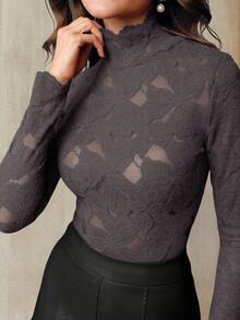 Anewsta 优雅时尚性感百搭修身透视蕾丝长袖打底衫，适合秋季、冬季、春季、新年、派对、婚礼等场合。 - 灰色 - 查看 8