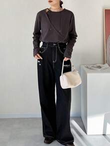 FRIFUL Women's Fitted Hollow Out Oblique Collar Long Sleeve T-Shirt - Grey - View 2