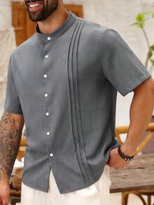 Manfinity Homme 男士休闲日常通勤简约纯色立领短袖褶皱衬衫，夏季 - 淺灰色 - 查看 3