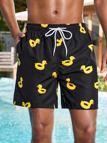 Manfinity Swimmode Men's Casual Duck Print Beach Shorts Duck Swim Trunks Mens Swim Trunks Funny Swim Trunks Men Duck Pool Clothes - Black - View 1