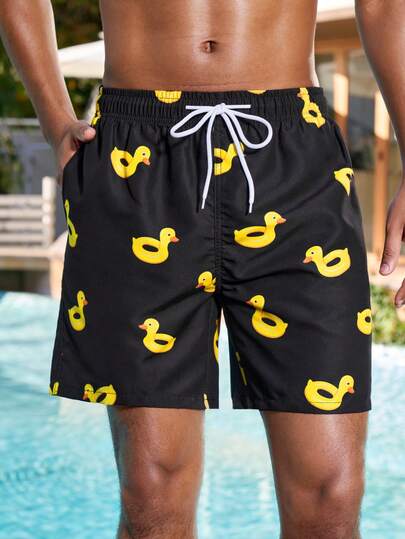 Manfinity Swimmode Men's Casual Duck Print Beach Shorts Duck Swim Trunks Mens Swim Trunks Funny Swim Trunks Men Duck Pool Clothes