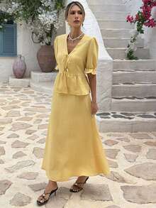 Livesso Spring/Summer Yellow Front Tie-Up Cardigan, Casual Beach Vacation Style With Ruffle Hem Patchwork Short Sleeve Top And A-Line Skirt 2 Pieces Set, Elegant For Commuting - Yellow - View 9