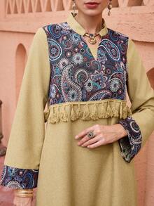 Al Najma Cardigan long à franges de couleur unie avec patchwork floral - Jaune citron - Voir 3