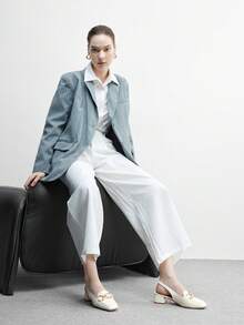 CUCCOO BIZCHIC 杏仁方头粗跟金属扣带露跟高跟鞋，时尚简约女鞋，适合度假、通勤、复古风格 - 米白色 - 查看 10