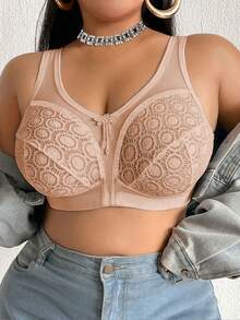 DesireSculpt Plus Size Mesh Patchwork Wireless Bra - Apricot - View 4