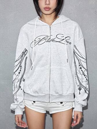 ROMWE Avant Street Casual Y3K Sexy Chain Print Lightweight Grey Open Front Sweatshirt For Women