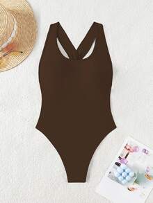 Swim SXY Traje de baño de una pieza con espalda descubierta, retorcido y fruncido en un solo color, ropa de playa sexy para el verano - Marrón - Ver 4