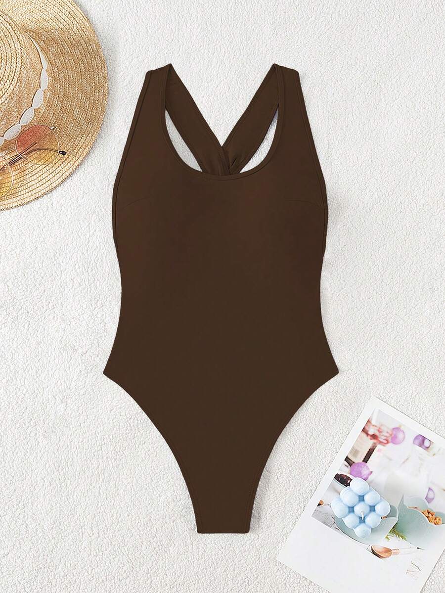Swim SXY Áo tắm liền thân màu trơn, hở lưng, xếp ly, gợi cảm dành cho nữ, thích hợp mặc đi biển mùa hè. - màu nâu - Xem 1