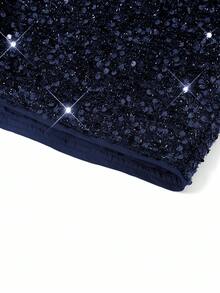 Ellevyn Women's Navy Blue Sequin Mini Shorts With Button Detail Party Style Woven Fabric - Navy Blue - View 9
