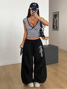 SHEIN EZwear Navy Blue & White Striped Knitted Women's Slim Fit V-Neck T-Shirt - Navy Blue - View 4