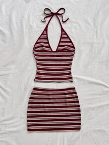 Soleia Bộ 2 món áo yếm họa tiết hoa và chân váy mini dành cho nữ, thích hợp đi biển/nghỉ dưỡng - Nhiều màu - Xem 2
