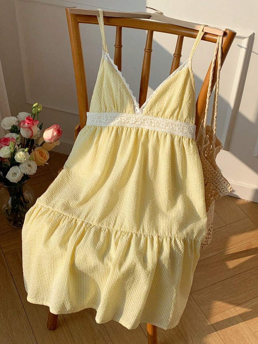 Comfortcana Women's Woven Contrast Lace Sexy Spaghetti Strap Dress