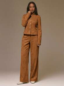 MUSERA High Night Suede Look Fitted Seam Detail Popper Button Through Jacket Cool Girl, Streetstyle, Cute, , , Winter - Brown - View 6