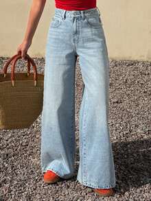 DAZY Women's Regular Waist Loose Slant Pocket Casual Straight Leg Pants - Light Wash - View 3