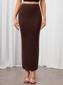 SHEIN Tall 优雅纯色修身半身裙，适合通勤穿着。 - 棕色 - 查看 3