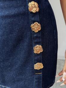 Elenzga Chân váy ngắn denim thời trang nữ đính hoa 3D bằng kim loại. - Rửa tối - Xem 6