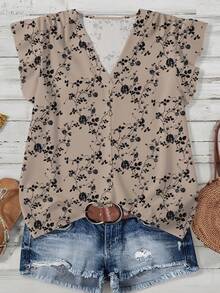 EMERY ROSE Áo kiểu nữ cỡ lớn cổ chữ V in hoa lãng mạn, thích hợp mặc mùa thu, hè, có bèo nhún ở gấu áo, lý tưởng cho kỳ nghỉ/mùa hè/mùa xuân. - Nhiều màu - Xem 1