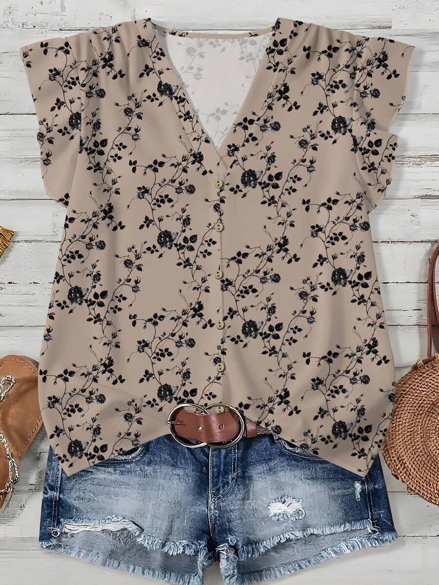 EMERY ROSE Áo kiểu nữ cỡ lớn cổ chữ V in hoa lãng mạn, thích hợp mặc mùa thu, hè, có bèo nhún ở gấu áo, lý tưởng cho kỳ nghỉ/mùa hè/mùa xuân. - Nhiều màu - Xem 1