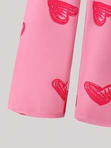 SHEIN ChillGRL Tween Girl Valentine's Day Casual Heart Print Overalls Pink Jumpsuit - Pink - View 4