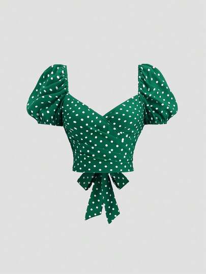 Sweetra Blusa con mangas abullonadas, lazo y estampado de lunares rojos vintage y lindo para mujeres, nuevo estilo francés de verano