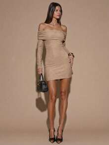 SHEIN BAE Women's & Elegant Off Shoulder Long Sleeve Ruched Bodycon Mini Dress,Coffee Brown,Autumn,70s Retro,Club Night,Party,Cocktail,Formal,Bridesmaid - Khaki - View 5