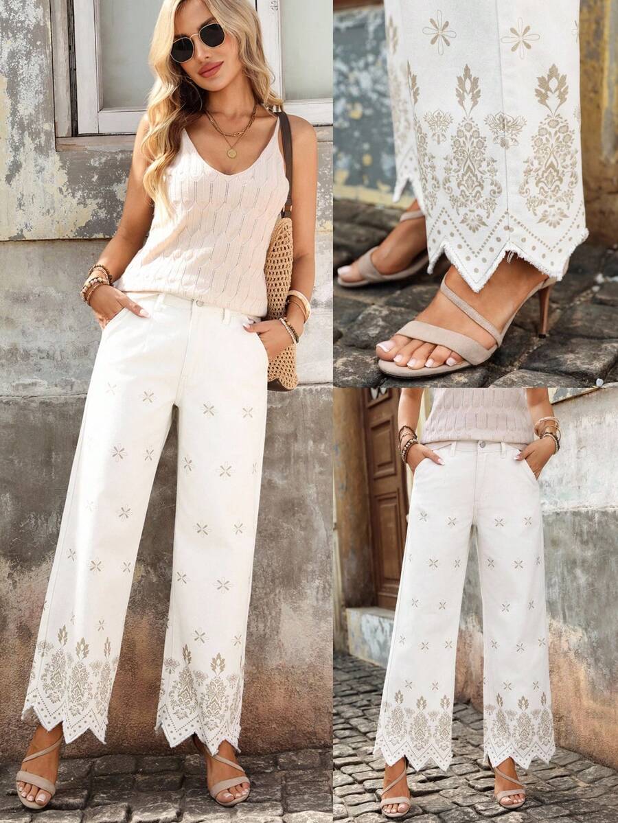 EMERY ROSE Women's Floral Pattern Frayed Hem Pockets Wide Leg Loose Fit Jeans - White - View 1