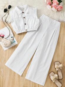 SHEIN 少女条纹无袖衬衫和裤子两件套 - 白色 - 查看 5