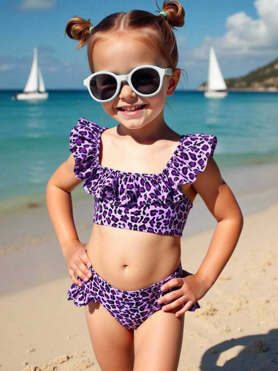 New Fashion Baby Girls Leopard Print Full Coverage Ruffled 2 Pieces Bikini Set Toddler Girl Swimsuit Leopard Print Leopard Bathing Suit Girls Purple Bathing Suit Baby Swimwear For Girl Leopard Print Toddler Girl - Purple - View 1