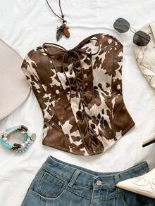 Soleia Sexy Suede Bandeau Tie-Up Rivet Deconstruct Crop Top, Suitable For Holiday, Date, Afternoon Tea, Vacation, Music Festival, Boho, Cruise, Beach, Summer Western Top Cowgirl Top Coffee Brown Top Chocolate Brown Top Cow Print Top Brown Tops For Women Corsets Women Tops Leather Corset Top