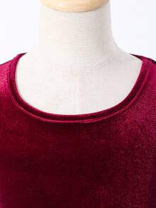 Glamorique Kids 女童复古优雅丝绒圆领长袖连衣裙，时尚串珠下摆装饰，秋冬款 - 酒紅色 - 查看 3