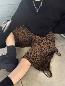 FRIFUL Women's Elastic Waist Leopard Print 3D Pocket Cargo Shorts - Brown - View 2