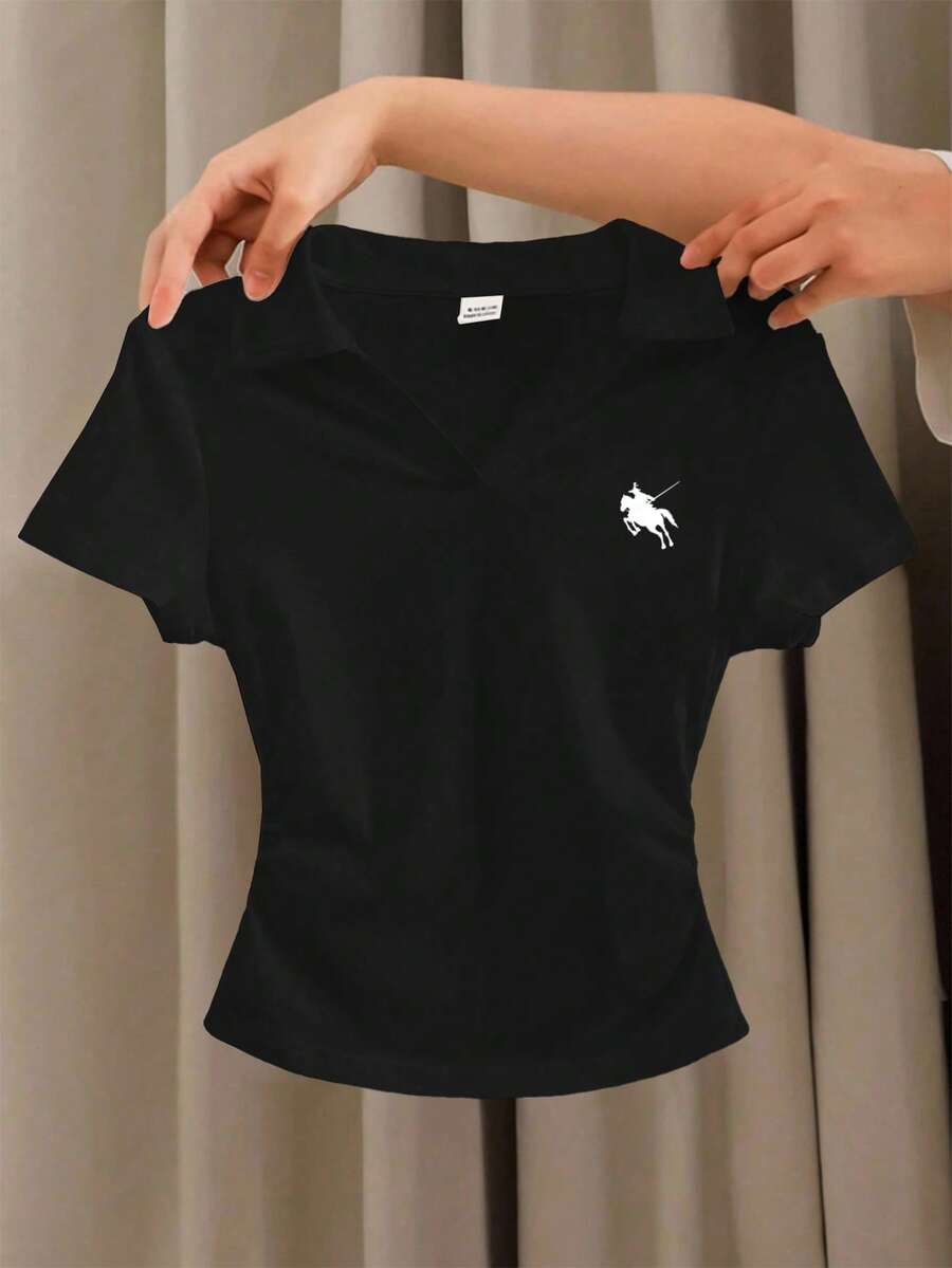 Tween Girl Classic Knight Logo Print Fitted Side Ruched Short Sleeve Cropped T-Shirt - Black - View 1