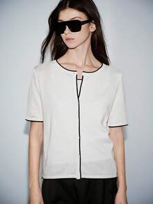 SHEIN Luminelle 2pcs/Set Minimalist Commuter Outfit With Trim Knit Short Sleeve Top And Camisole - Beige - View 3