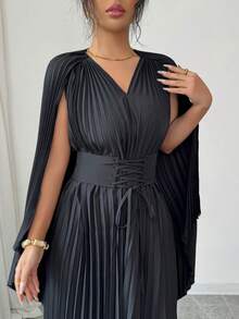 Modelyn Đầm poncho xếp ly thanh lịch dành cho nữ, có thắt lưng. - màu đen - Xem 2
