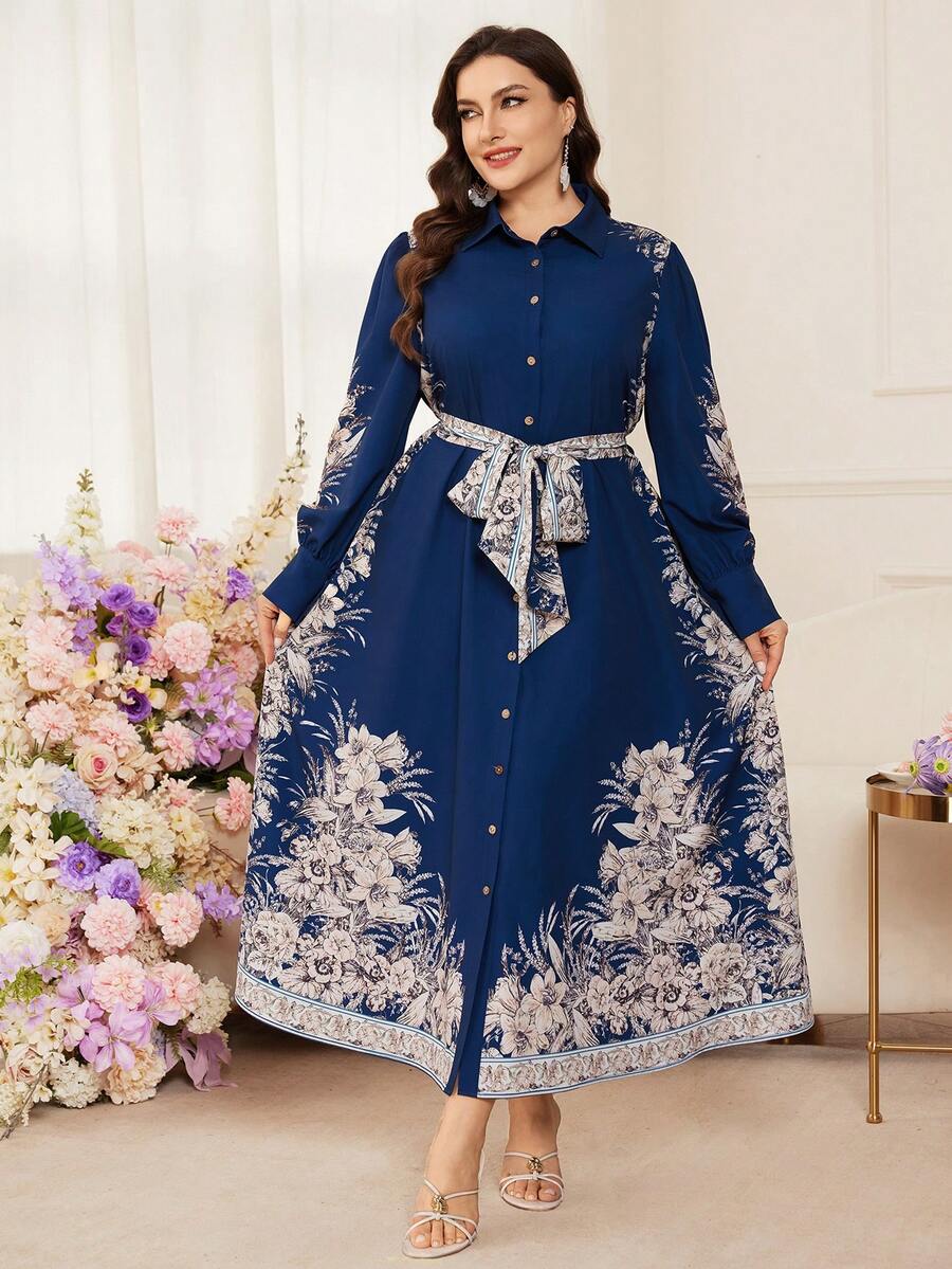 Modelyn Plus Size Print Long Sleeve A-Line Dress With Belt - Navy Blue - View 1
