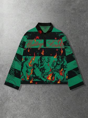 Street Life T-shirt à manches longues avec col polo, imprimé graphique et rayures, pour hommes, automne/hiver