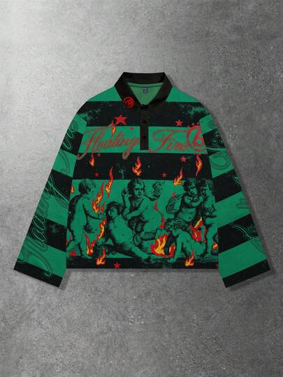 Street Life Men's Street Graphic Print Striped Polo Collar Long Sleeve T-Shirt, Autumn/Winter