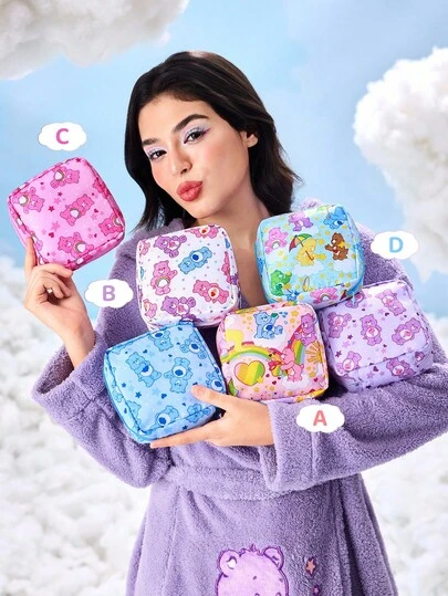 SHEIN X Care Bears 1 件卡通图案印花涤纶纤维收纳袋，可用作女性卫生收纳袋、数码收纳袋、小物件收纳袋、欢呼熊、好运熊、趣味熊、分享熊、爱心熊