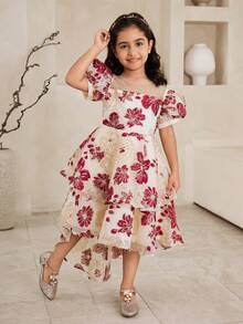 Glamorique Kids فستان أميرة فاخر ذو أكمام منتفخة وذيل مزخرف بالزهور للبنات