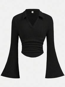 Girlism Áo thun crop tay bồng màu trơn dành cho thiếu nữ - màu đen - Xem 5